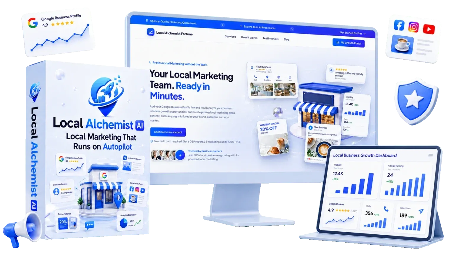Local Alchemist AI platform shown across desktop, laptop and mobile screens