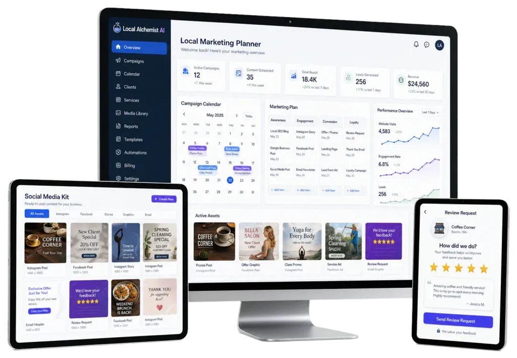 Local marketing planner dashboard displayed across desktop, tablet and mobile screens