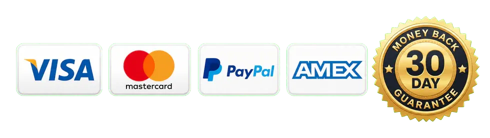 Visa, Mastercard, PayPal and American Express logos with a 30-day money-back guarantee badge