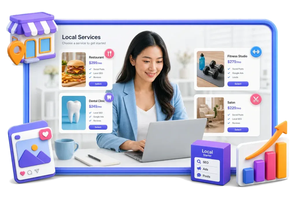 Local marketer working with a service dashboard and marketing assets
