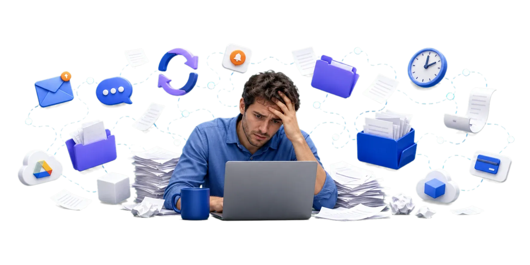 Marketer surrounded by disconnected messages, files and tools
